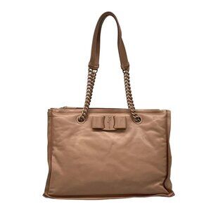 Auth Salvatore Ferragamo Viva Bow Beige Leather Shoulder Bag